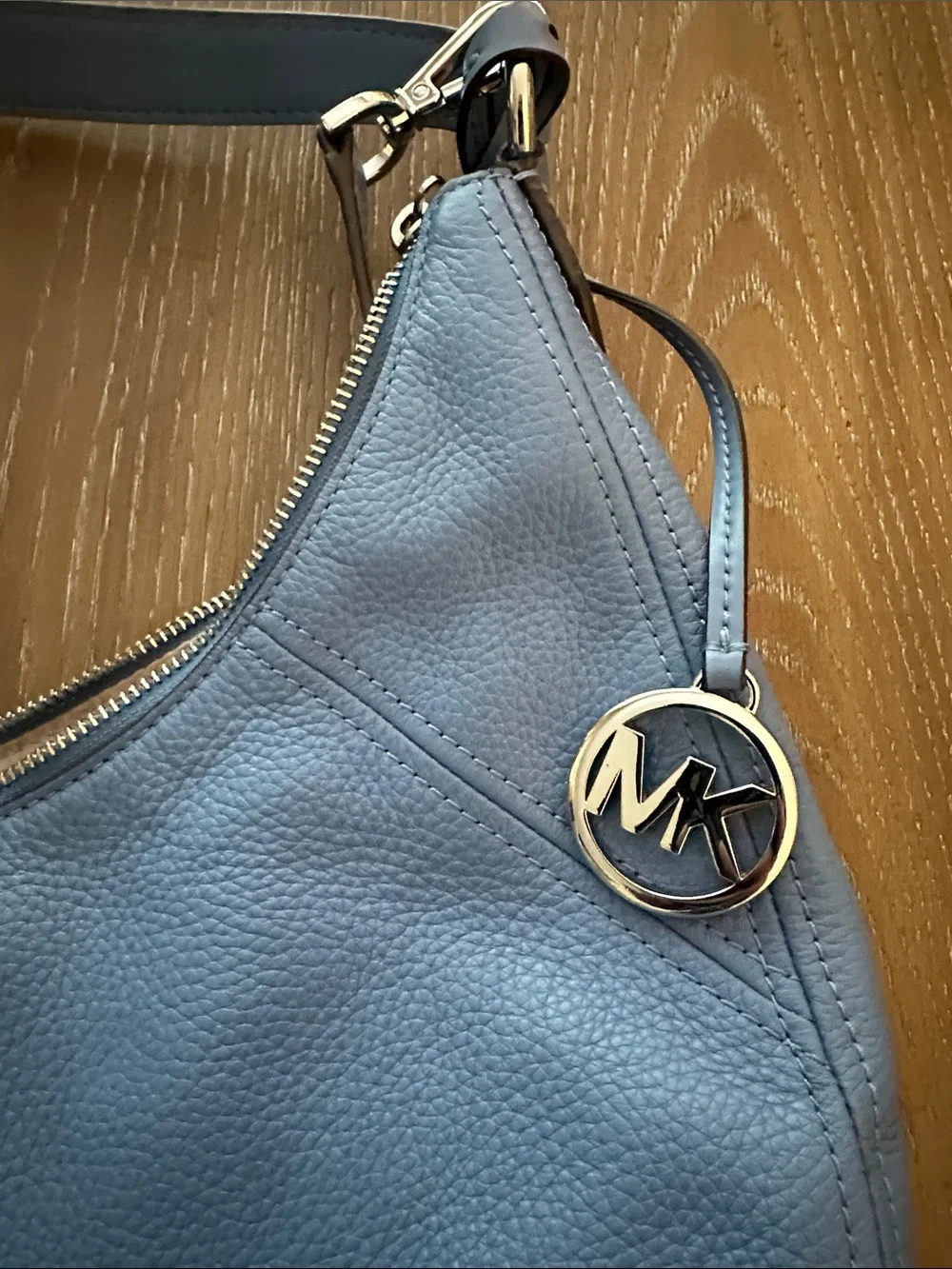 Michael Kors Slate Blue Pebbled Leather Hobo with Silver Logo Charm
